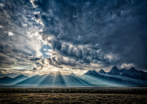 Tetons, clouds, mountains, sky, sunset, rain